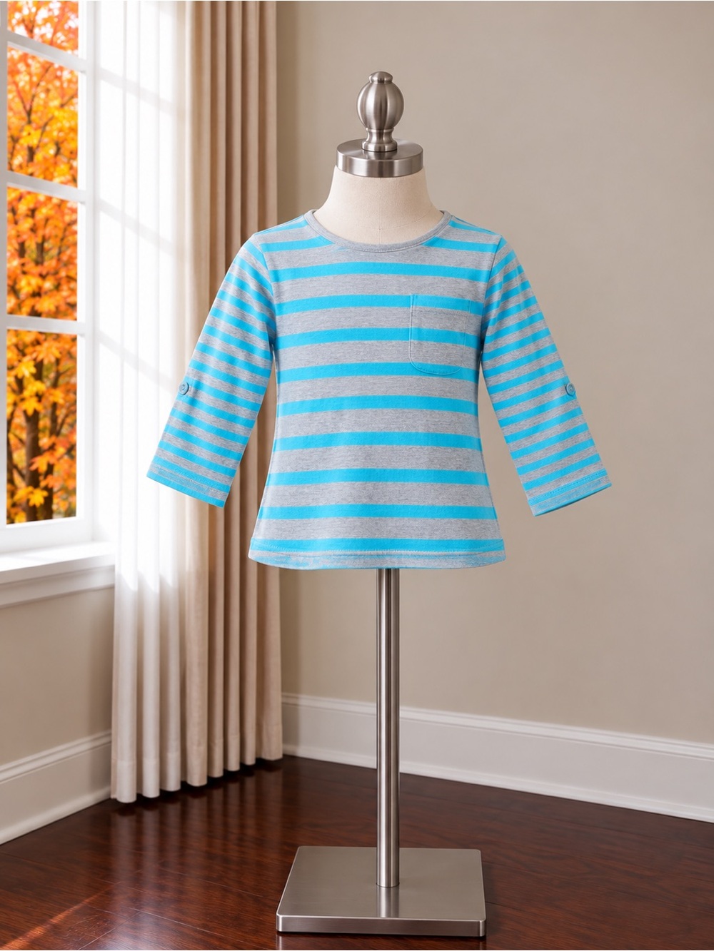 GAP Blue and Light Gray Striped Long-Sleeve Pocket Tee